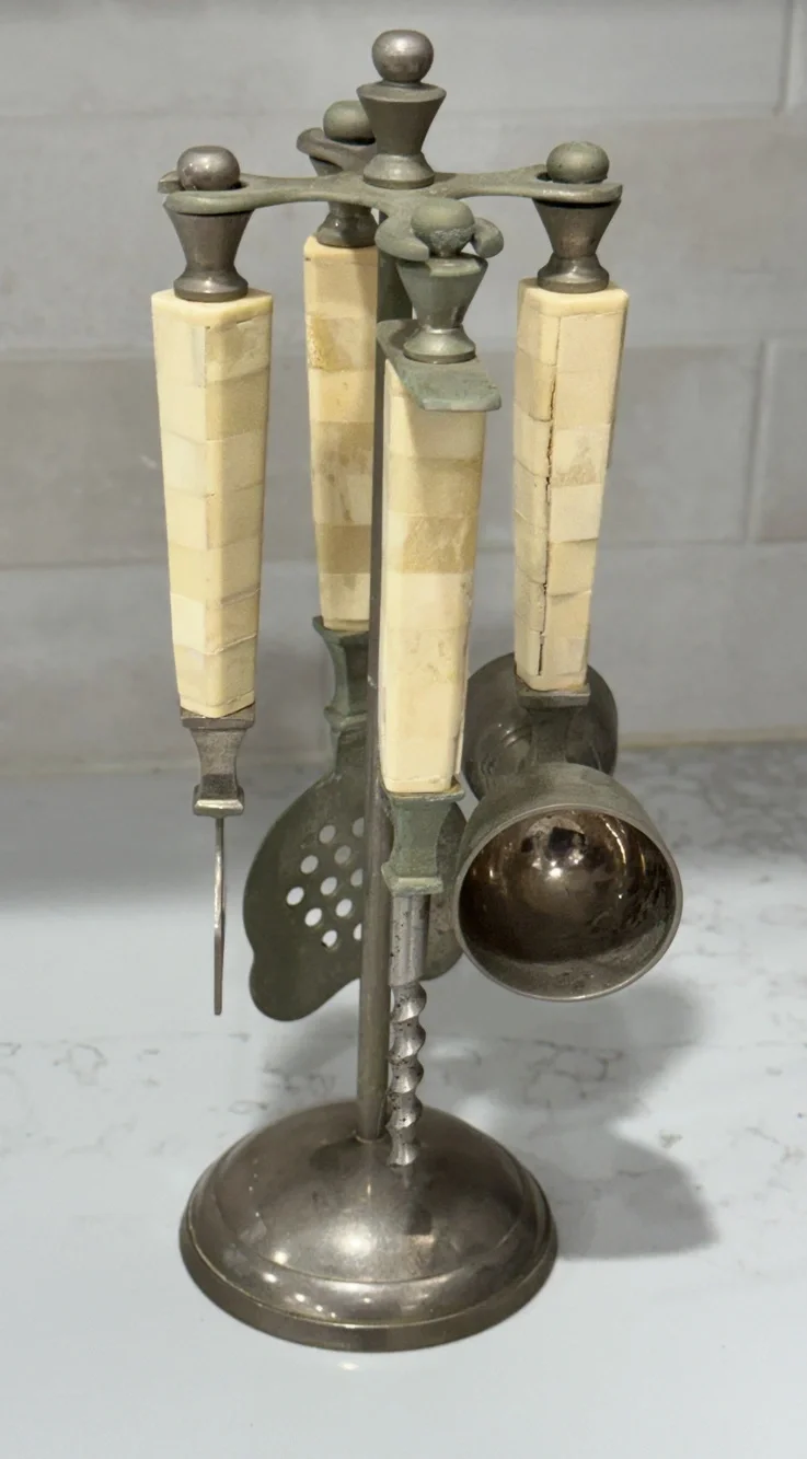 Vintage Mid Century Modern Bar Tool Set Faux Bone Tile Handles Pewter Stand